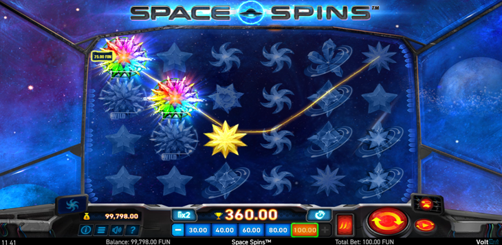 Space Spins slot game by Wazdan showing game grid in cockpit style window with sild symbol win.